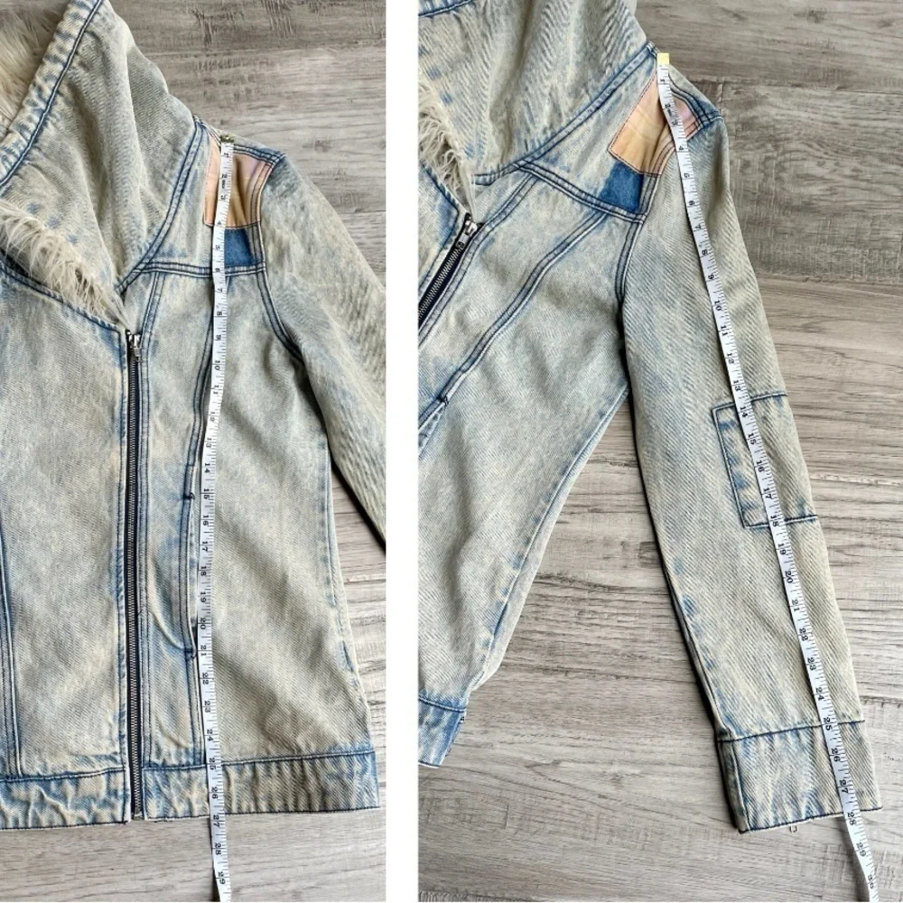 Somedays Lovin Oversized Denim Jacket W/Faux Fur Weathered Aged Acid Wash SZ S